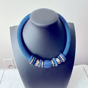 Gold Tone Blue Beaded Necklace